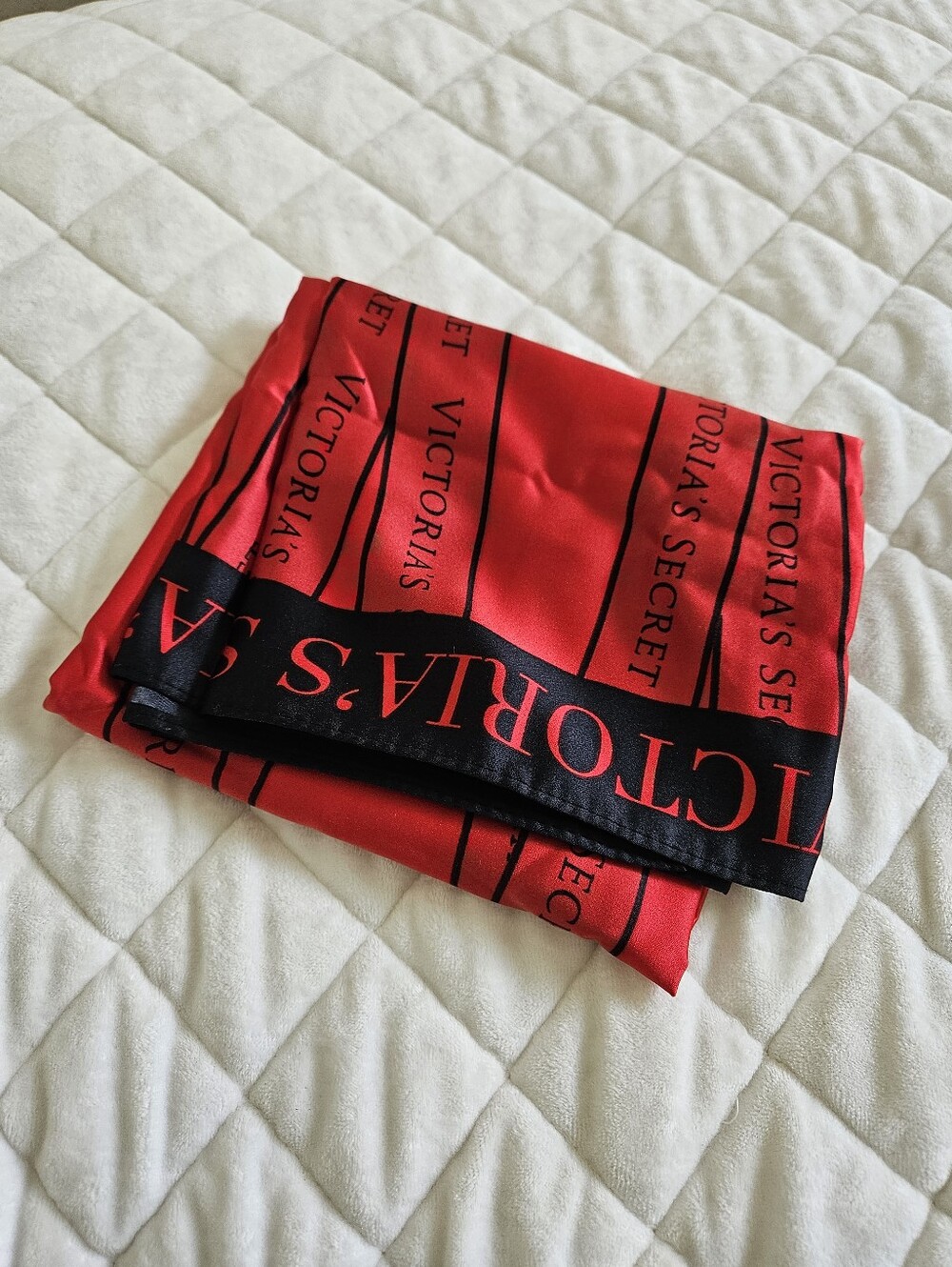 Victoria's Secret Red and Black Logo Silk Like Scarf Y2K